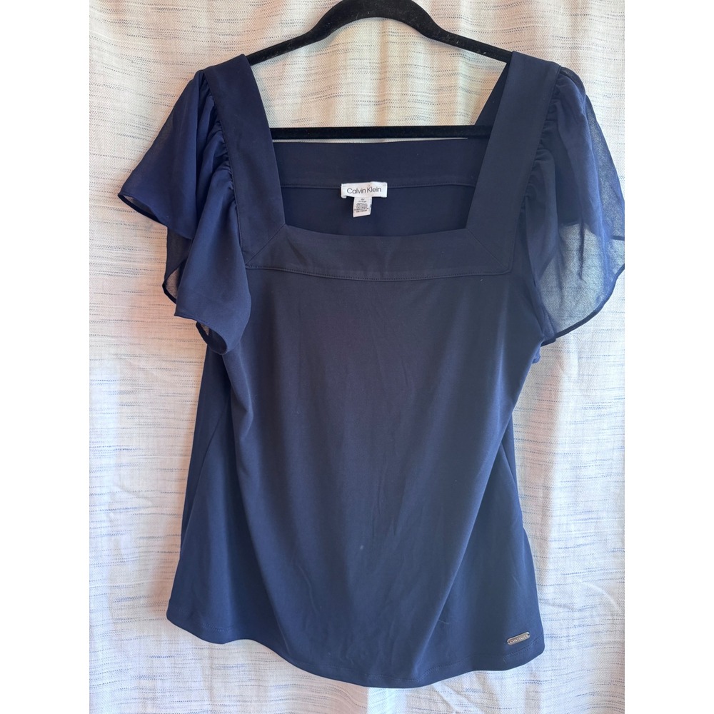 Calvin Klein Navy Blue Square Neck Flutter Sleeve Blouse Small